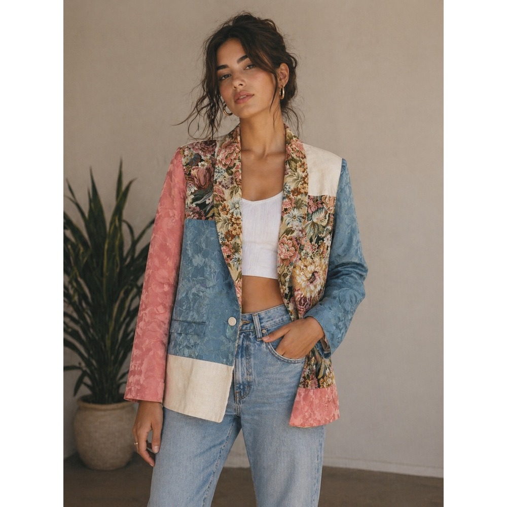 Vintage Granite Patchwork Floral Tapestry Blazer Jacket Pink Blue Small USA Made